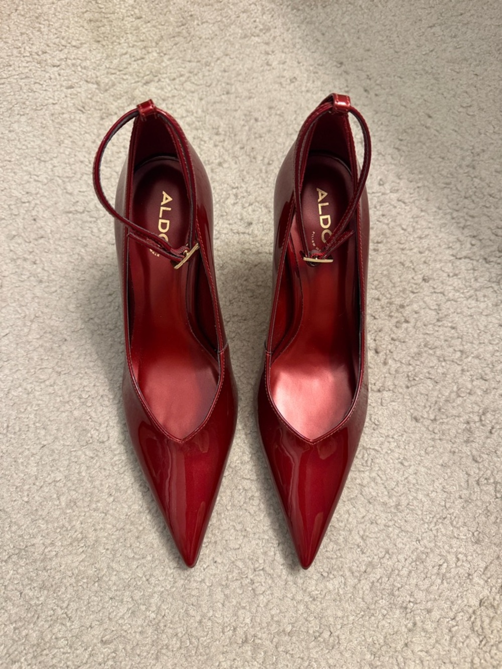 ALDO Wine-Red Patent Pointed Ankle-Strap Pumps